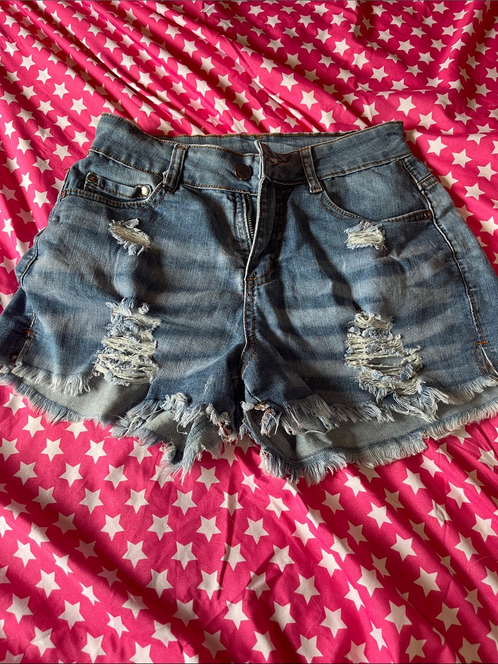 Distressed Blue Denim Jean Shorts with Frayed Hem